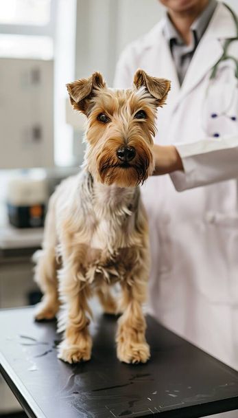 Un perro zorro terrier está en la oficina de un veterinario siendo tratado por un veterinario. El perro está sobre la mesa en la oficina del veterinario. - Foto, Imagen
