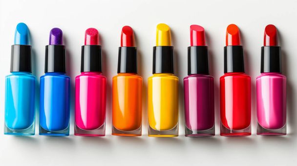 Een line-up van levendige nagellak flessen met borstels in diverse kleuren op een witte achtergrond. - Foto, afbeelding