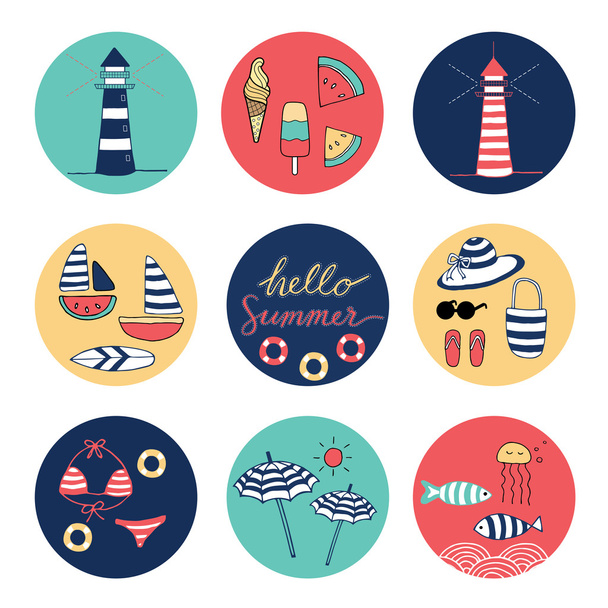 Hello Summer doodle colorful circle icons - Vector, Image