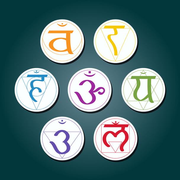 Conjunto de iconos de color con nombres de chakras en sánscrito (Chakra Raíz, Chakra Sacro, Chakra Plexo Solar, Chakra Corazón, Chakra Garganta, Chakra Tercer Ojo, Chakra Corona
) - Vector, Imagen