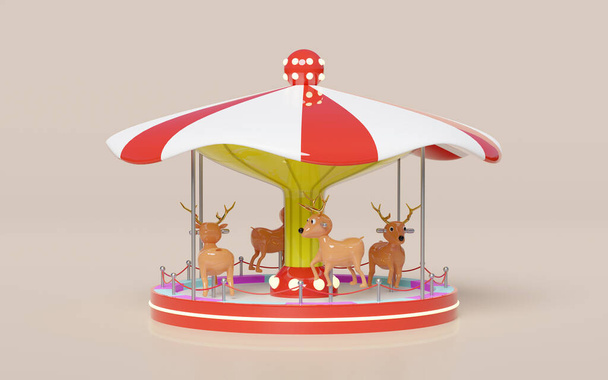 Karuzela lub wesołe go round z jelenia izolowane na różowym tle. Ilustracja 3D renderowania - Zdjęcie, obraz