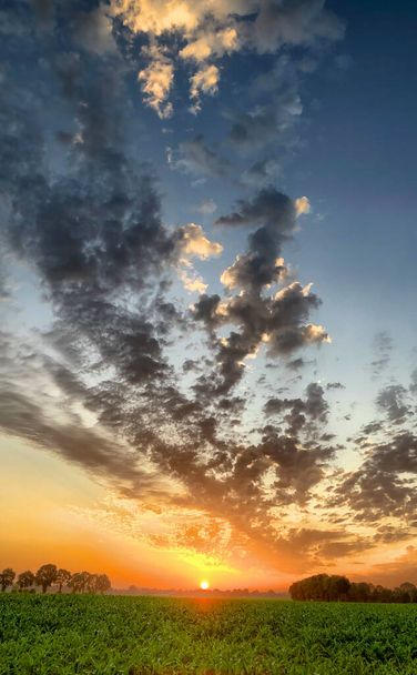 Questa immagine cattura la bellezza serena di un'alba su terreni agricoli lussureggianti, con i raggi dorati dei soli che sbirciano sopra l'orizzonte, proiettando un bagliore caldo. La drammatica formazione di nuvole nel cielo aggiunge un - Foto, immagini