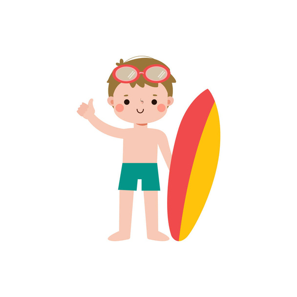 cute surfer kid character with surfboard on beach. Happy young surfer on the crest wave, flat vector illustration isolated on white background summer time  - Vector, Image