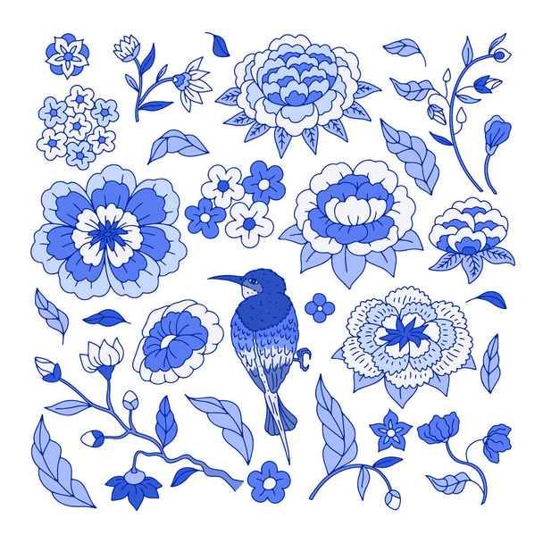 Set of monochrome blue floral chinoiserie style flowers isolated on white background. Abstract hand drawn botanical clip art elements bundle. - Vector, Image