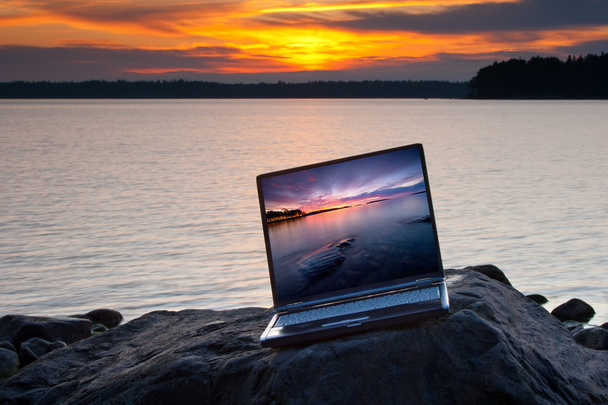 Landscape with laptop in summer morning - Photo, Image