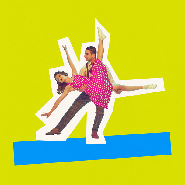 Poster. Contemporary art collage. Guy and girl dressed in retro clothes dancing twist with improvisation. Concept of carefree, music rhythm, party, disco. Trendy magazine style. Ad - Photo, Image
