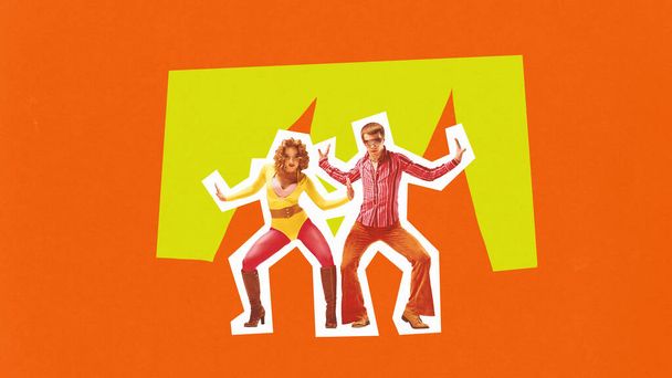 Cartaz. Colagem de arte contemporânea. Homem e mulher talentosos dançam em pares de danças energéticas no estilo dos anos 80 contra fundo vibrante. Conceito de despreocupado, ritmo musical, festa. Estilo de revista na moda. Anúncio - Foto, Imagem