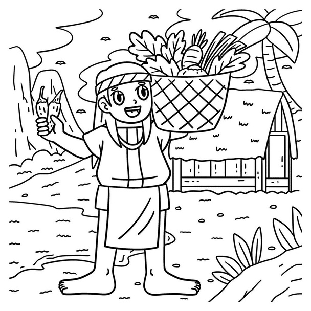 Söpö ja hauska väritys sivu Columbus Day Native Man kori Harvest. Tarjoaa tuntia väritys hauskaa lapsille. Väri, tämä sivu on erittäin helppo. Sopii pienille lapsille ja pikkulapsille. - Vektori, kuva