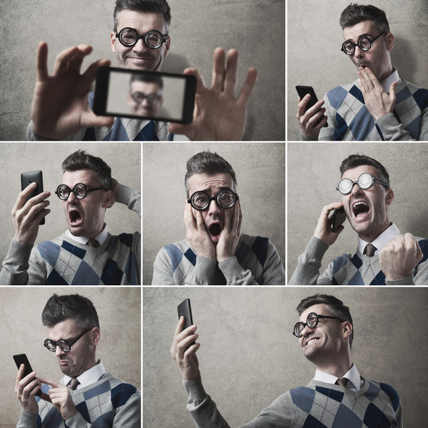 funny clueless guy with his smartphone - Foto, Imagem