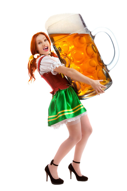 Happy Woman in Traditional Costume Holding a Huge Beer Glass - Foto, Imagen