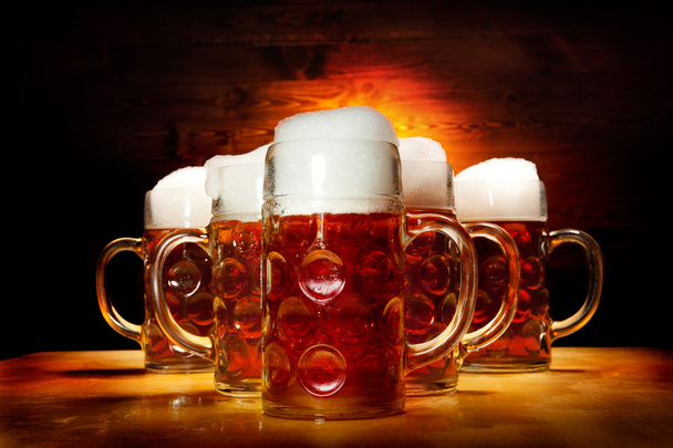 Five Beer Glasses on the Wooden Table - 写真・画像
