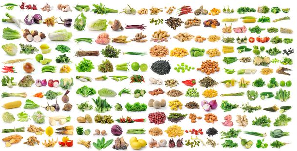 Ensemble de grains de légumes et d'herbes sur fond blanc
 - Photo, image