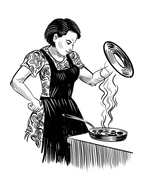 Gotowanie gospodyni domowej. Ręcznie rysowane czarno-białe ilustracje - Zdjęcie, obraz