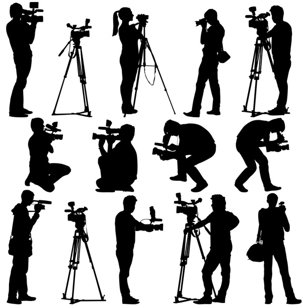Cameraman with video camera. Silhouettes on white background. Ve - Vector, Image