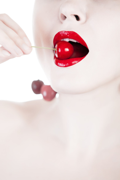 Concept of white woman eating cherry - Foto, Imagem