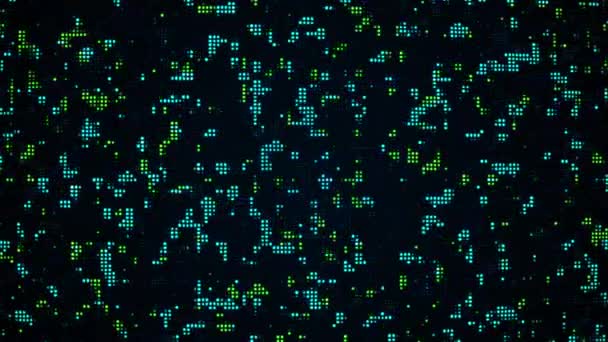 Неоновый цифровой фон с летящими синими и зелеными пикселями на чёрном фоне. Высококачественные 4k кадры - Кадры, видео