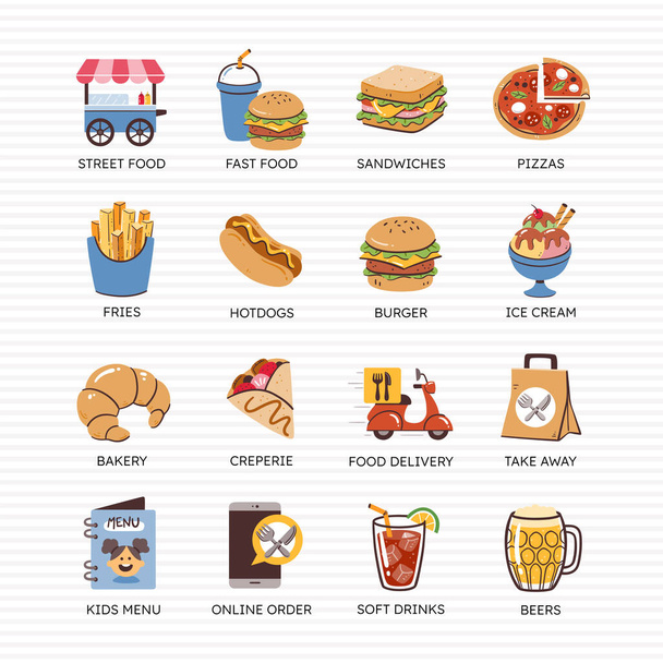 Étterem ikon készlet. Kézzel rajzolt színes ikonok éttermek: hamburgerek, szendvicsek, pizzák, fagylalt és így tovább. Hármas a négyből. 16 vektoros ikonkészlet. - Vektor, kép