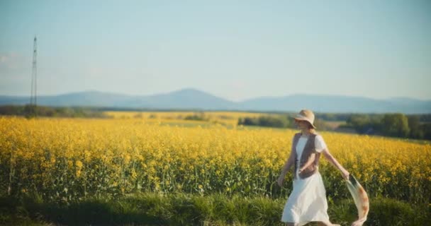 Un ritratto accattivante di una donna che passeggia con grazia in mezzo a un vibrante campo di stupri, evocando sensazioni di serenità e connessione con la natura - Filmati, video