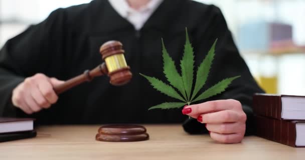 Sędzia w czarnym płaszczu uderza młotkiem w blok dźwiękowy trzymając liść marihuany w ręku. Pracownik sądu wydaje wyrok w sprawie nielegalnego wzrostu marihuany w zwolnionym tempie - Materiał filmowy, wideo