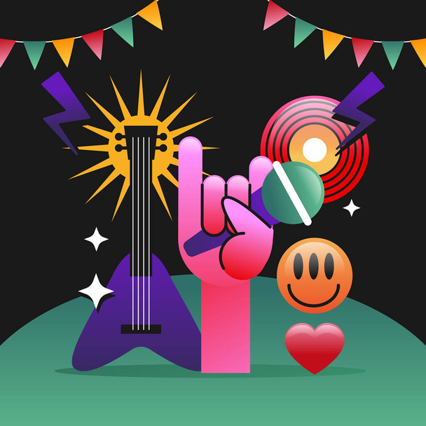 Illustration d'une main tenant un microphone et une guitare en couleur magenta, créant un cercle parfait de musique et d'art lors d'un événement récréatif - Vecteur, image