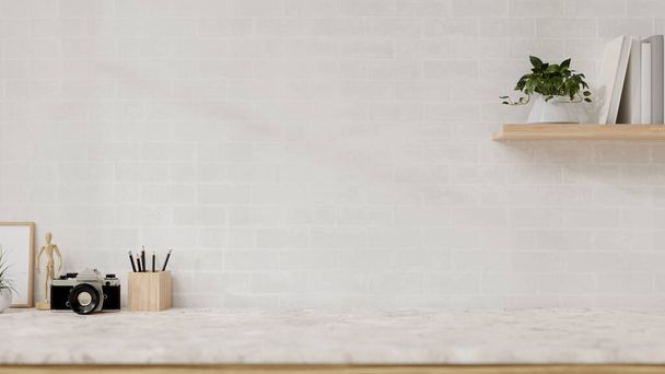 A display space on a white marble table showcases products against the white brick wall. minimalist workspace. 3d render, 3d illustration - Photo, Image