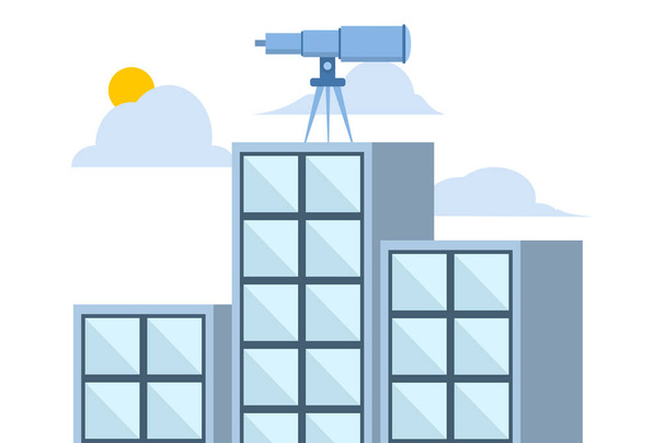 Leadership vision concept, company growth. The future direction of the organization. large binoculars on top of a tall building looking towards the front. flat vector illustration on white background. - Vector, Image