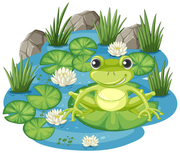 Весела жаба сидить серед лілійних подушечок і квітів. - Вектор, зображення