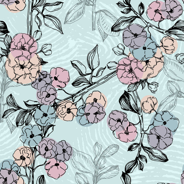 Japonské třešňové květy sakura bezešvé vzor. Prádlo, tapety na pozadí. Třešňové květy textilní tisk, jarní strom kvetoucí tkaniny, růžové jednoduché květiny. - Vektor, obrázek