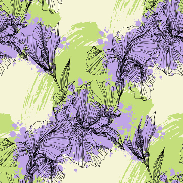 Seamless pattern of iris flowers. Beautiful romantic flowers. Cottage core aesthetic floral print for fabric, scrapbook, wrapping, card making - Vector, Image
