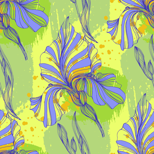 Nahtloses Muster von Irisblüten. Schöne romantische Blumen. Hüttenkern ästhetischen floralen Druck für Stoff, Sammelalbum, Verpackung, Kartenherstellung - Vektor, Bild