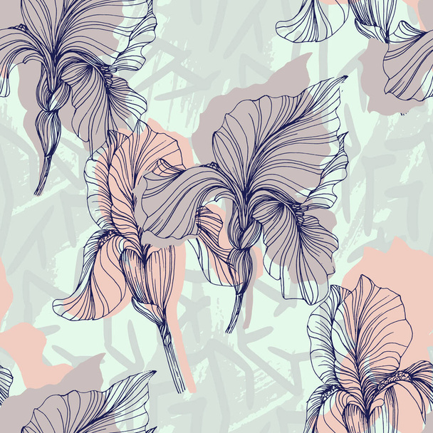 Seamless pattern of iris flowers. Beautiful romantic flowers. Cottage core aesthetic floral print for fabric, scrapbook, wrapping, card making - Vector, Image