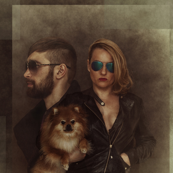 Brutal man and woman in sunglasses, with a dog. The effect of multiple exposure, photo collage - Photo, Image