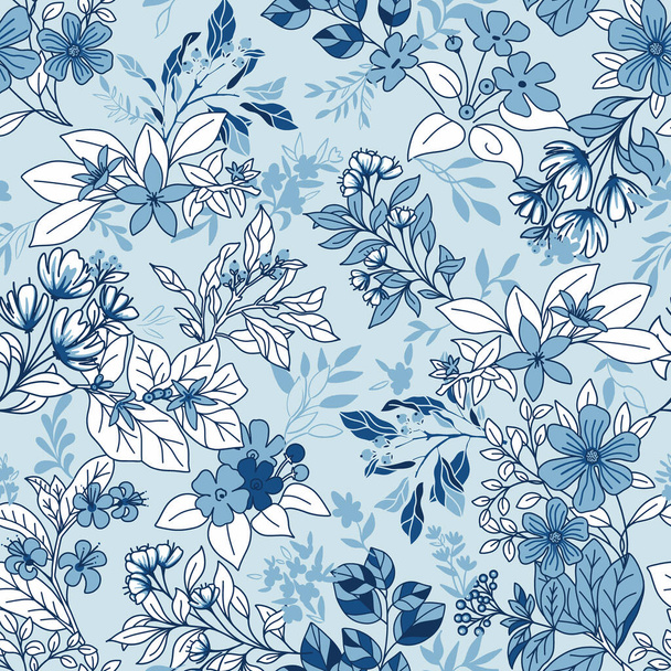 Μπλε μονόχρωμη Botanicals Διάνυσμα μοτίβο χωρίς ραφή - Διάνυσμα, εικόνα