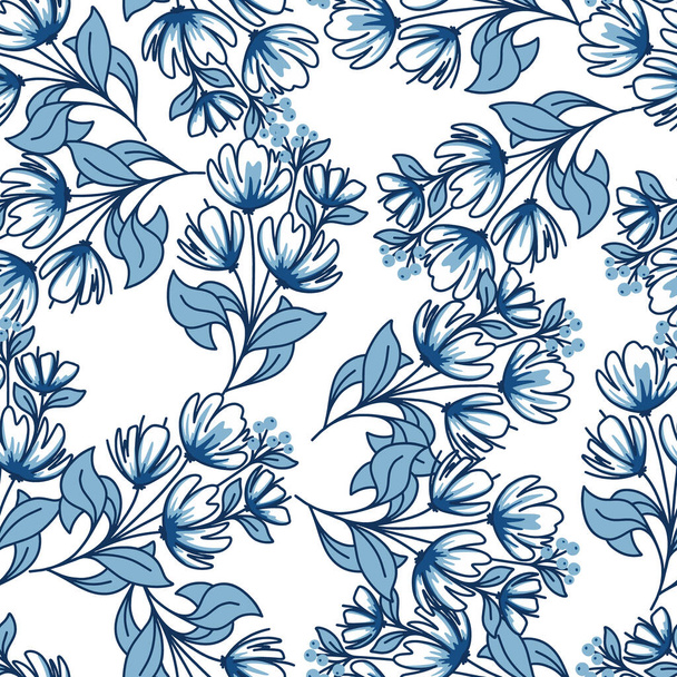 Blue Monochrome Floral Branches Vector Seamless Pattern - Vector, Image