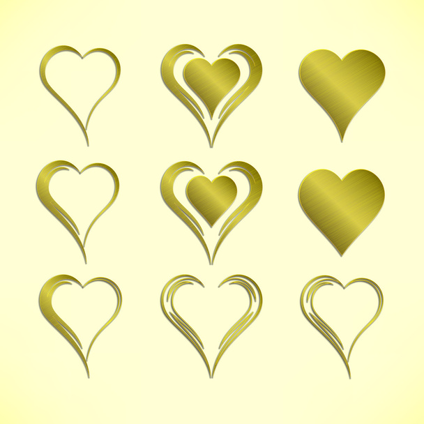Set van negen eenvoudige geïsoleerde vector harten met gouden metalen patroon - Vector, afbeelding