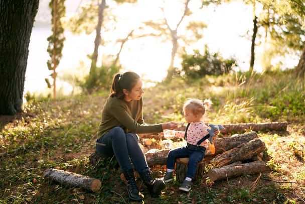 Η μαμά ταΐζει ένα κοριτσάκι με χυλό από ένα κουτάλι που κάθεται σε κούτσουρα στο δάσος. Υψηλής ποιότητας φωτογραφία - Φωτογραφία, εικόνα