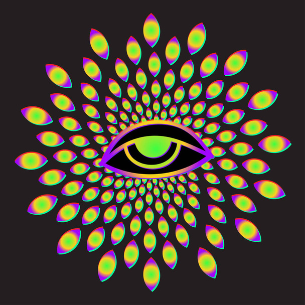 Illusione ottica oculare psichedelica. Lineart Vector illustrazione. Magico simbolo della stregoneria celeste. Simbolo massonico. Logo o emblema disegnato a mano - Vettoriali, immagini