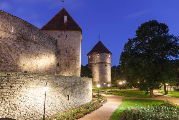 Torres iluminadas e telhado na Cidade Velha de Tallinn, Estónia - Foto, Imagem