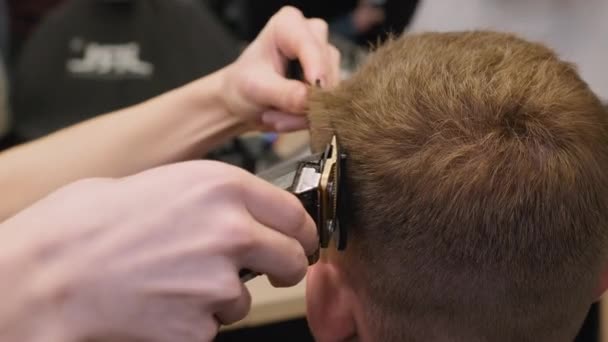 Master corta el cabello del cliente usando peine y recortador en el primer plano de la barbería. El cliente masculino se sienta frente al espejo mientras el barbero corta el cabello en el salón - Metraje, vídeo