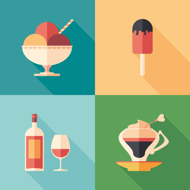 Set of desserts and drinks flat square icons with long shadows. - ベクター画像