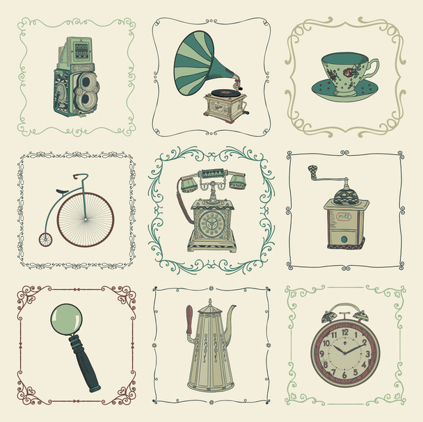 Vector Vintage Colorful Icons, Objects and Frames - Vector, imagen