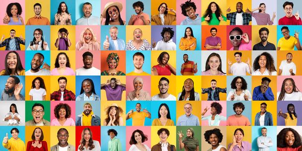 Una griglia allegra di individui diversi che irradiano felicità con i loro sorrisi brillanti su sfondi colorati unici - Foto, immagini