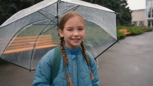 Vörös hajú kislány áll átlátszó esernyő mosolygós viszont eső város kívül park séta gyermekkori időjárás friss levegő időtöltés természet ősz gyermek lánya gyerek lány vissza az iskolába - Felvétel, videó