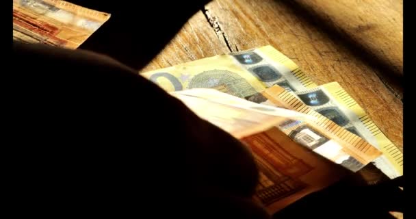 Eurobankbiljetten in handen. De rekening telt. Handen tellen eurobiljetten op een houten tafel in een strook licht. 4k-beelden - Video
