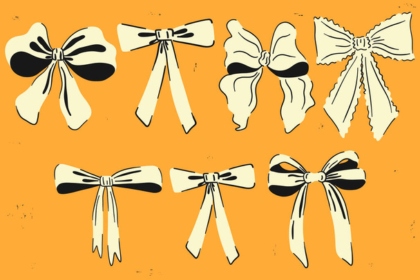 Ribbon bow set. Cute hand drawing elements. Coquette aesthetic bows collection in vintage style. Cartoon drawn colorful vector illustration isolated on color background  - Vector, Image