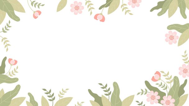 Florales Banner. Rosa Blüten und Blätter auf weißem Hintergrund. Horizontales Plakat. Vektorillustration im flachen Stil. - Vektor, Bild