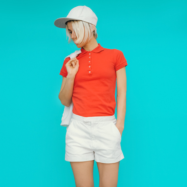 Sporty style. Girl in fashionable clothes and accessories - Foto, Imagem