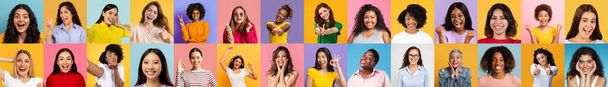 Тривалий панорамний банер, який демонструє ряд веселих індивідуальних жінок з різноманітного погляду - Фото, зображення