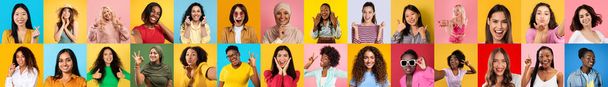 Um mosaico de mulheres multi-étnicas enfrenta retratando um amplo espectro de expressões humanas em fundo colorido - Foto, Imagem