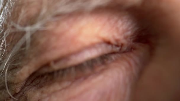 senior man eye and wrinkled face, close-up. Old grandfather with blue eyes. Skin with wrinkles of elderly man. Copy space - Footage, Video